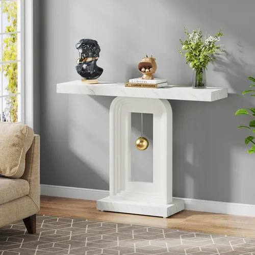 Vista 3 de Tribesigns Mesa consola moderna, mesa de sofá de mármol sintético de 40 pulgadas, mesa de entrada contemporánea con base en forma de péndulo