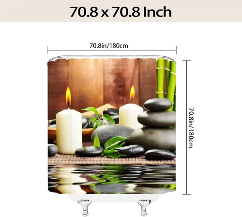 Vista 3 de Cortina de ducha de tela de poliéster, decoración de spa por baño, decoración de jardín zen para baño, diseño mágico japonés, velas de bambú, verde