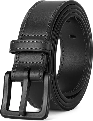Vista 10 de XZQTIVE Cinturón de cuero hipoalergénico sin metal para hombre, cinturón de cuero para jeans y vestido, sin níquel, con hebilla negra