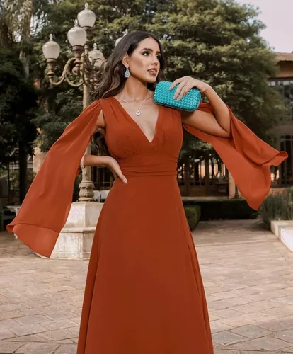 Vista 4 de Vestido de dama de honor de manga larga con tapa para mujer, vestido formal de gasa plisada larga con abertura alta