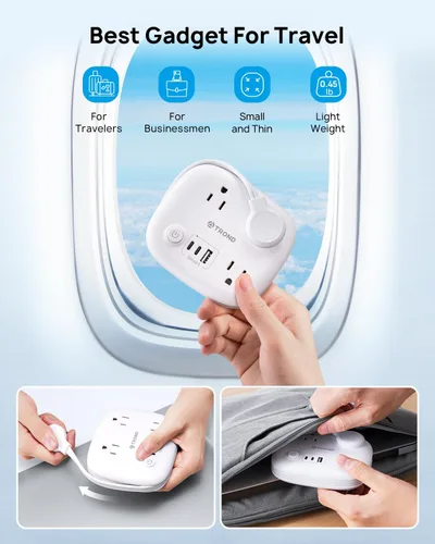 Vista 2 de TROND Cable de extensión corto – Regleta de alimentación de enchufe plano con 3 salidas de CA y 2 puertos USB C y 1 USB A, regleta de alimentación