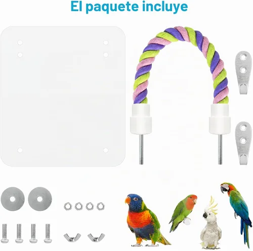 Vista 4 de Espejo de pájaro de 5.9 pulgadas con cuerda, perca, juguetes para pájaros, perca cómoda para grises, amazonas, periquitos, cacatúas, conure