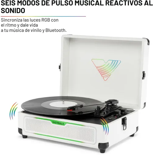 Vista 3 de Victrola Journey Glow - Tocadiscos de maleta iluminada - 18 efectos de luz RGB, altavoces estéreo con graves mejorados, transmisión Bluetooth (negro)