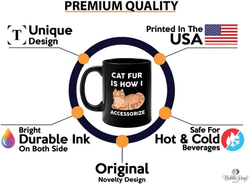 Vista 2 de Taza de café para amantes de los gatos, 11 onzas, color negro, piel de gato Is How I Accessorize, divertido dueño de gatos, gatito, mascota, gato