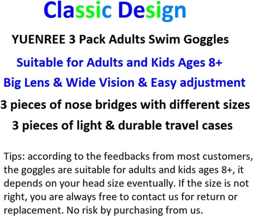 Vista 2 de Paquete de 3 gafas de natación para adultos y niños a partir de 6 años, sin fugas, antivaho con protección UV, con 3 fundas duras de viaje
