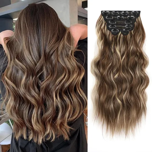 Vista 27 de Extensiones de cabello con clip de Vigorous de 20 pulgadas, con reflejos rubio playa, extensiones de cabello ondulado largo y suave de cabello