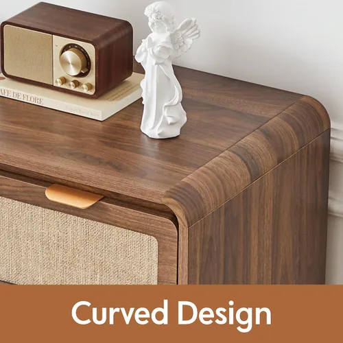 Vista 11 de Cómoda moderna de mediados de siglo para dormitorio con 4 cajones, cómoda de 35 pulgadas de alto con lino natural, cómoda de madera curvada