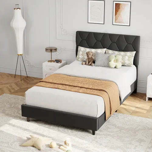 Vista 10 de GarveeHome Marco de Cama de Plataforma Tamaño Twin con Cabecera Tapizada y Soporte de Listones de Madera, Base de Colchón Tapizada/No Necesita Beige