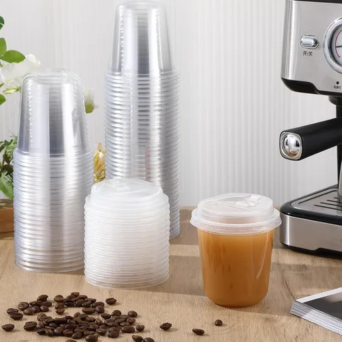 Vista 2 de Baderke Juego de 100 vasos desechables de plástico transparente de 12 onzas con tapas, tazas de café helado de fondo redondo con tapa para batidos