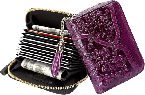 Vista 8 de PIJUSHI Bolsos florales de diseñador con asa superior, bolsos de cuero auténtico, cartera floral para mujer y tarjetero de cuero genuino