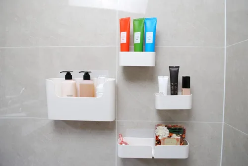 Vista 7 de Estantes adhesivos para montar en la pared, juego de 4 cubos de almacenamiento duraderos de plástico ABS para colgar, color blanco, excelente