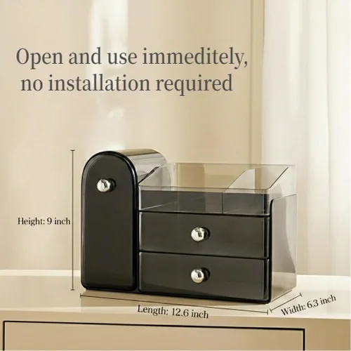 Vista 5 de Bird&Fish Organizador de maquillaje con soporte deslizante para cepillos, organizador transparente para el cuidado de la piel con cajones, Negro