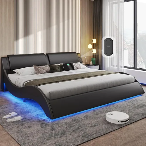 Vista 10 de DICTAC - Marco de cama Queen con luces LED y puertos de carga, cama moderna tapizada tamaño Queen con cabecera, marco de cama de plataforma