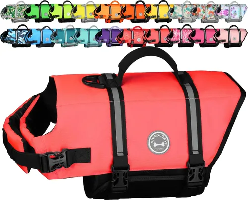 Vista 19 de VIVAGLORY Chaleco salvavidas para perros Rip Stop, chaleco de natación con asa, flotabilidad para perritos cachorros, chaleco salvavidas para perros