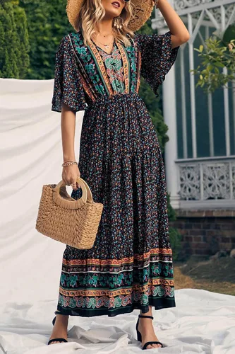 Vista 8 de PRETTYGARDEN - Vestido bohemio casual de verano para mujer, con estampado floral, cuello en V, manga corta, cintura alta, largo hasta el piso