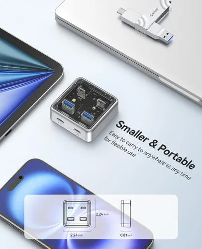 Vista 7 de ORICO Concentrador USB-C de 10 Gbps, divisor USB 3.2 de aleación de zinc de 4 puertos con 2 puertos USB-A y 2 puertos USB-C, extensor de datos