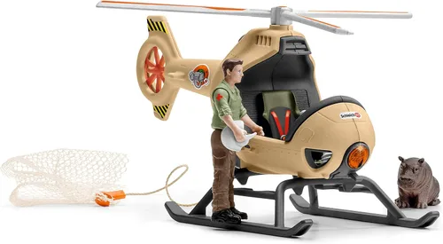 Vista 6 de Schleich Wild Life - Juego de helicóptero de rescate de animales de 8 piezas con figuras de león e hipopótamo, altamente detallado, duradero