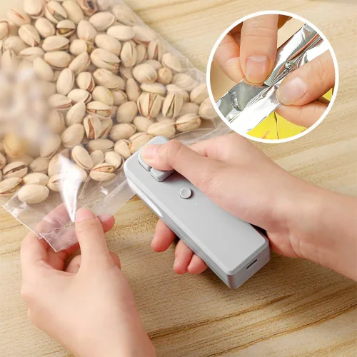 Vista 7 de Mini sellador de bolsas, sellador térmico 2 en 1 actualizado 2025 con cortador, mini máquina de sellado térmico recargable por USB, herramienta