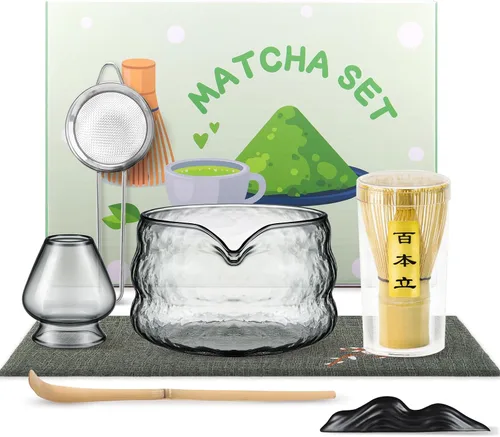 Vista 7 de OUTXE Juego de batidor de matcha, 7 piezas de kit de matcha para ceremonia, con cuenco transparente de matcha, boquilla, batidor y soporte de bambú