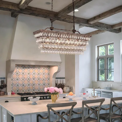 Vista 2 de Wellmet Candelabro de cristal para comedor, lámpara de techo rectangular de cristal de bronce antiguo de 30 pulgadas, 4 luces, iluminación de isla