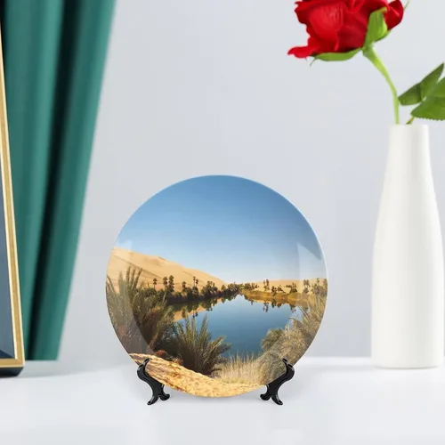 Vista 6 de XISUNYA Plato decorativo de 6 pulgadas, artesanía de cerámica del desierto, Oasis idílico Awbari Sand Sea Sahara Libia Pond Print Ornament Plate