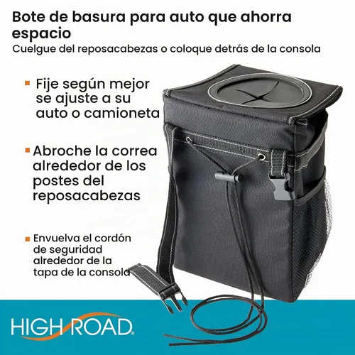 Vista 4 de High Road StashAway - Bote de basura resistente de servicio pesado para automóvil con tapa de goma, 3 bolsillos de almacenamiento y paneles Negro