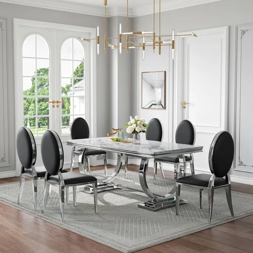 Vista 20 de Juego de mesa de comedor de mármol de 70 pulgadas para 6 bases doradas