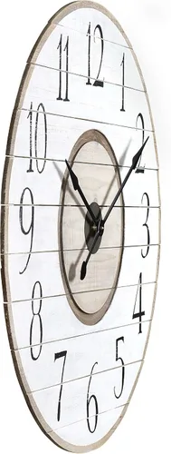 Vista 4 de Creative Co-Op Reloj de pared redondo de listones de madera con acabado envejecido, blanco y marrón