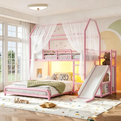Vista 12 de RUNNA Playhouse Twin Over Full Bunk Bed with Slide and LED，Antique White-M