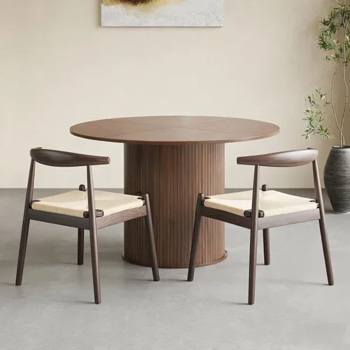 Vista 8 de Juego de mesa de comedor, juego de mesa de cocina redonda a ovalada expandible con 2 sillas de cuerda tejida, mesa de pedestal de madera con estante