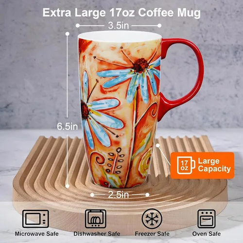 Vista 3 de Topadorn Taza de café de cerámica alta de viaje de 17 onzas con tapa sellada, juego de 2 Colorido diseño floral y de pájaros, apto para microondas