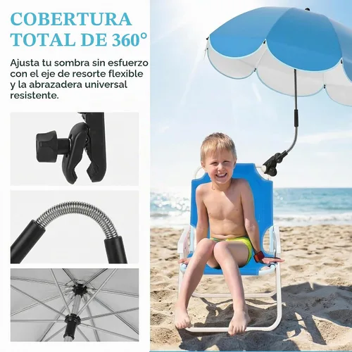 Vista 4 de Sombrilla de 30 pulgadas con abrazadera, sombrilla impermeable para niños al aire libre, paraguas con clip en sillas de playa, cochecitos, sillas