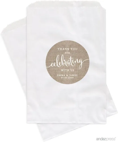 Vista 25 de Andaz Press Bolsas de regalo personalizadas para mesa de postre, agradecimiento por celebrar con nosotros, aguamarina, paquete de 24, personalizadas