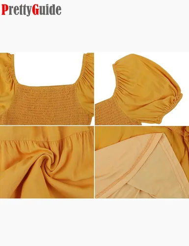 Vista 6 de PrettyGuide Vestido midi de verano para mujer, con hombros descubiertos, manga corta, abombada, cintura alta, casual, fruncido, con volantes
