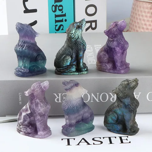 Vista 6 de Estatua de lobo de cristal de amatista de 2 pulgadas, estatua de lobo tallado, escultura de lobo tallado, decoración de regalos