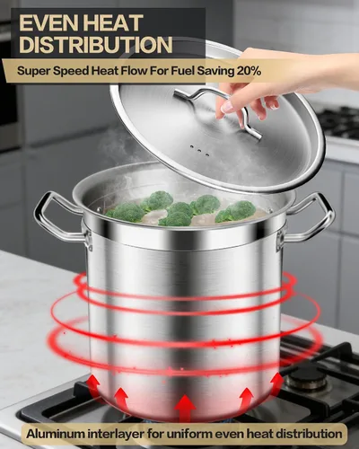 Vista 6 de STOCKPOT Olla de sopa de 20 cuartos de galón con tapa, olla de acero inoxidable, olla de cocina resistente para sopa, pasta, guiso, apta