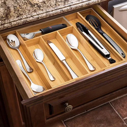 Vista 2 de Organizador de cajones de bambú, bandeja expandible para cubiertos, soporte ajustable para utensilios de 5 a 7 compartimentos, organizador de Madera