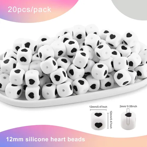 Vista 2 de Cuentas de silicona de corazón cuadrado blanco de 0.472 pulgadas, 20 cuentas de silicona con números de corazón para hacer llaveros, ideal