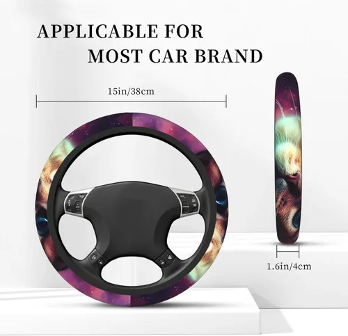 Vista 3 de Funda elástica para volante de automóvil con estampado de gato Galaxy de 15 pulgadas, protector de volante antideslizante, accesorios universales