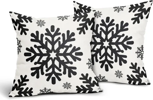 Vista 2 de Fundas de almohada decorativas de Navidad negras 40x40 cm con copos de nieve blancos de Navidad, juego de 2, temática rústica de invierno