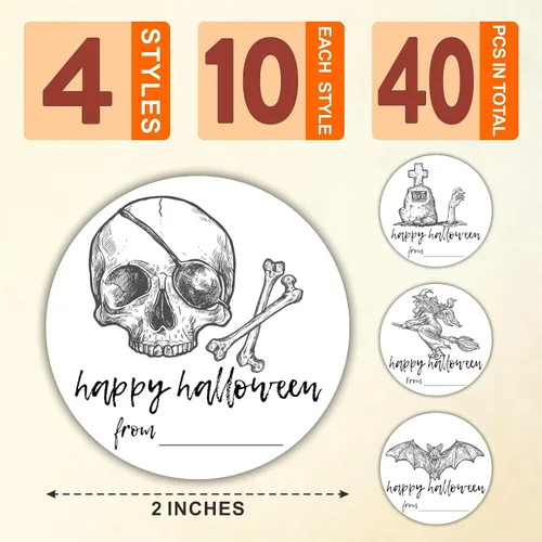 Vista 2 de 40 etiquetas redondas de Halloween, calcomanías redondas con tema de boceto de 2 pulgadas para envoltura de Halloween, 4 estilos de calavera