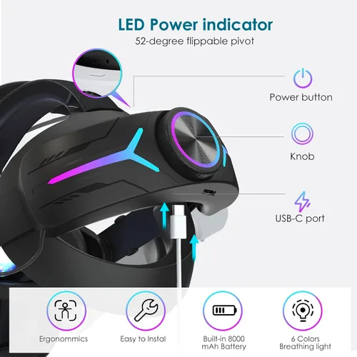 Vista 2 de Head Strap Battery Pack for Oculus Quest 2, Replacement Elite Strap 8000mAh Rechargeable Battery PC Accessories, Adjustable Headset with LED