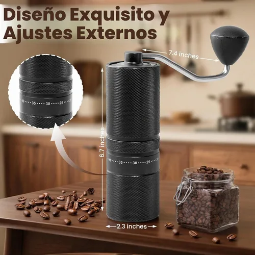 Vista 2 de Molinillo de café manual con 60 ajustes ajustables, molinillo de café portátil de mano con capacidad de 0.99 oz, molinillo de café cónico de acero