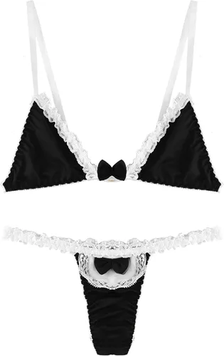 Vista 6 de dPois Womens Lace Trim Strappy Bra Tops with G-String Briefs Maid Cosplay Bikini Set