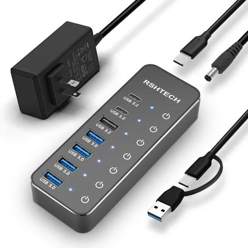 Vista 8 de RSHTECH - Concentrador USB 3.0 de 4 puertos alimentado, divisor de concentrador de datos USB de aluminio portátil con interruptor individual