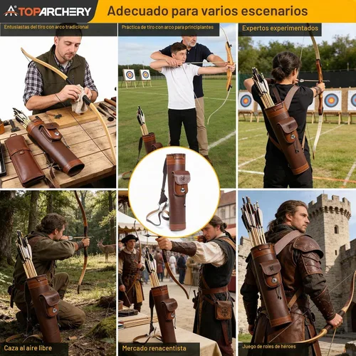 Vista 3 de TOPARCHERY - Aljaba Tradicional para Hombro y Espalda de Cuero con Bolso Grande, Correas Hechas a Mano, Marrón
