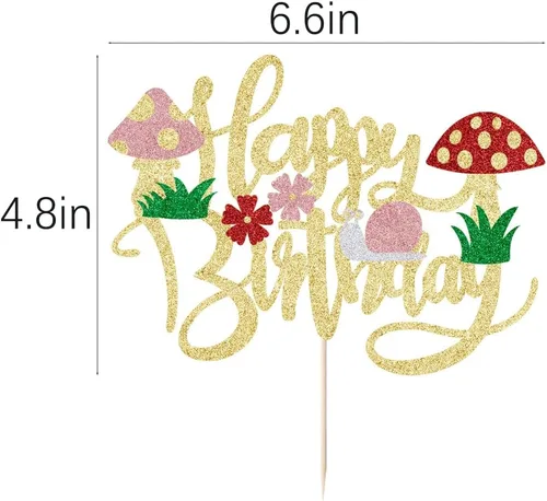 Vista 3 de Kaoenla Decoración para tartas de hongos con purpurina, hongos y flores en primavera, el tema, decoraciones de feliz cumpleaños para niñas y niños