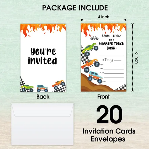 Vista 2 de Tarjetas de invitación de cumpleaños, invitaciones de fiesta de Monster Truck, suministros de decoración de fiesta de feliz cumpleaños para niños