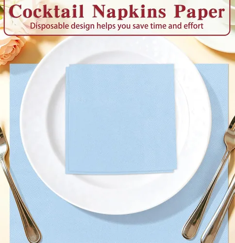 Vista 5 de 50 servilletas de cóctel de 3 capas de color azul bebé, servilletas de postre, servilletas de papel desechables para bodas, fiestas de cumpleaños
