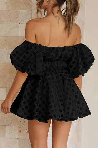 Vista 3 de PRETTYGARDEN Vestido babydoll con hombros descubiertos para mujer, manga corta abombada, casual, acampanado, con volantes, vestidos de verano